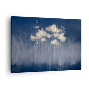 Schilderen op canvas - Delicate bloemen op een blauwe achtergrond - 70x50cm - Als bloemblaadjes in de wind - Moderne wanddecoratie voor woonkamer en slaapkamer ARTTOR