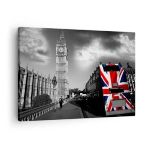Schilderen op canvas - Big Ben en een bus met een Britse vlag tegen een zwart-witte achtergrond - 70x50cm - Trots en geweldig - Moderne wanddecoratie voor woonkamer en slaapkamer ARTTOR