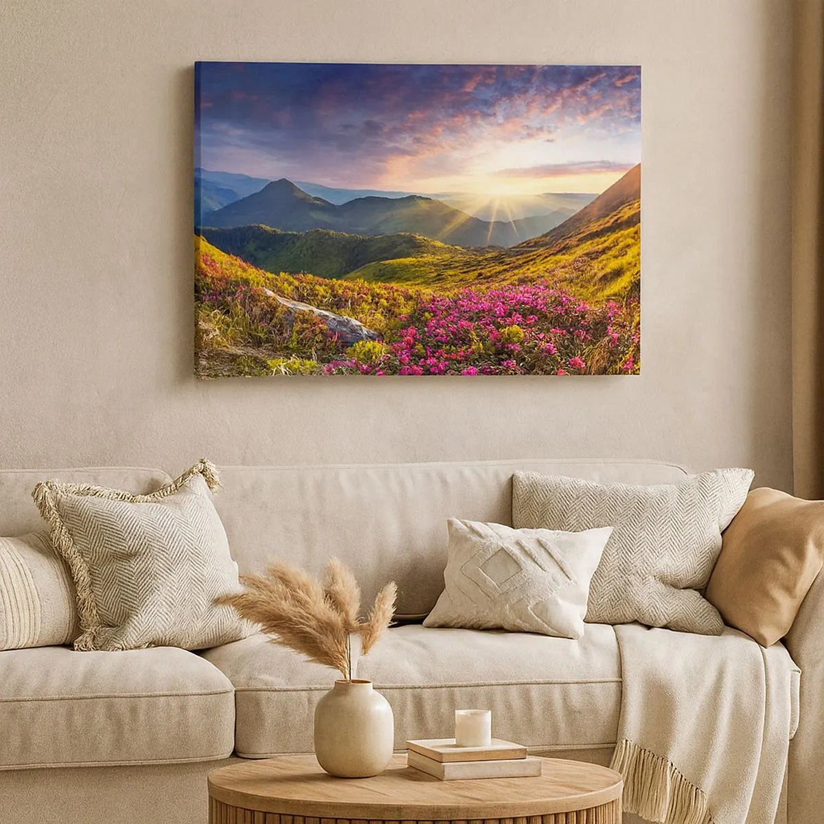 Schilderen op canvas - Berglandschap met bloeiende rododendrons - 70x50cm - Frisheid in de ochtend in de bergen - Moderne wanddecoratie voor woonkamer en slaapkamer ARTTOR