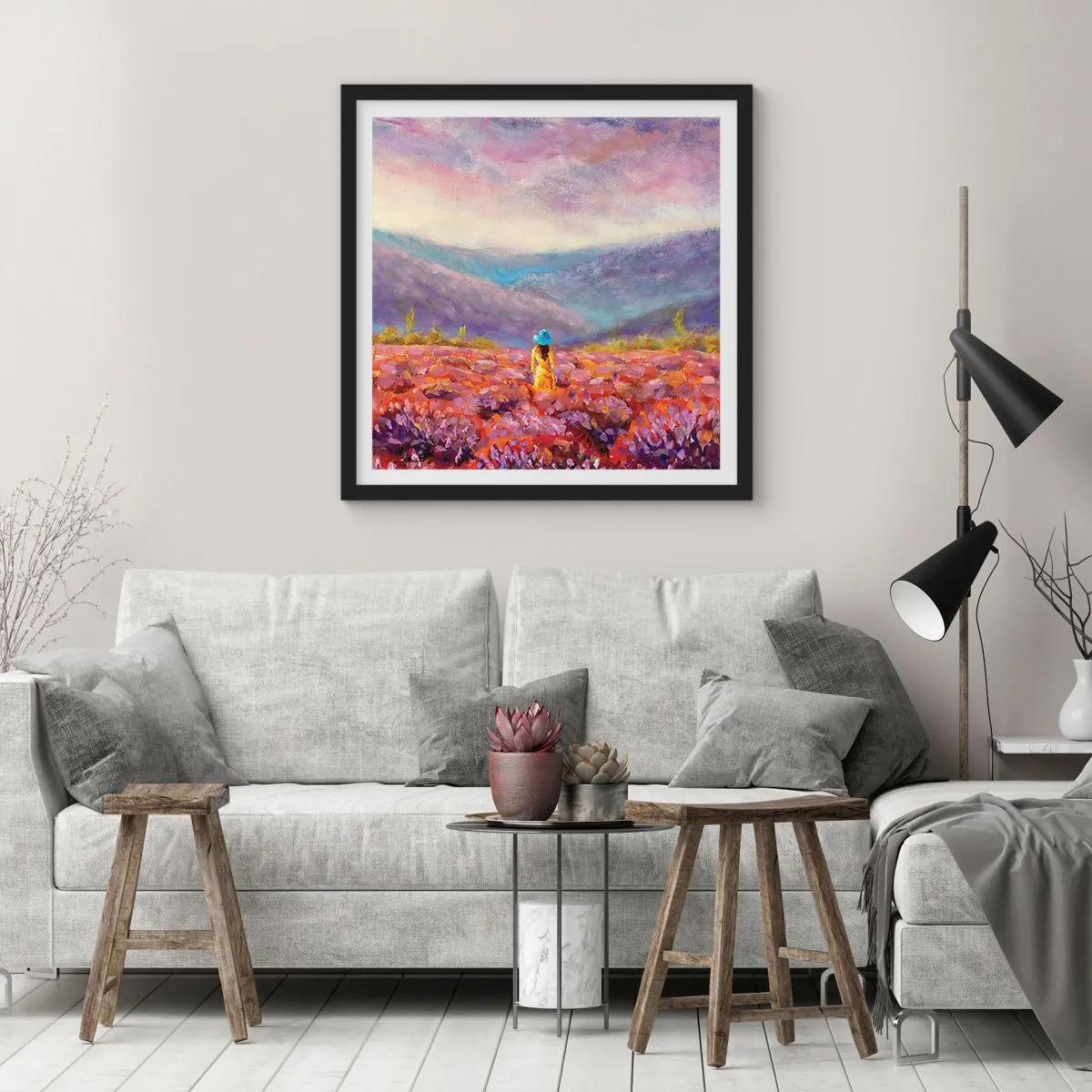 Poster in een zwarte lijst - In een lavendelwereld - 30x30 cm