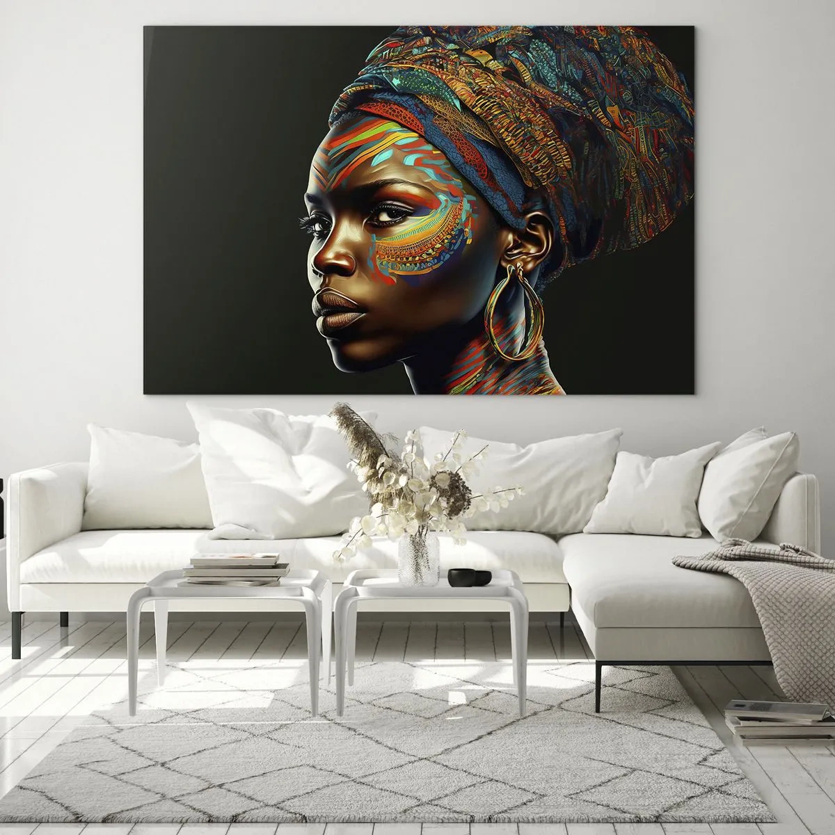 Schilderen op glas - Portret van een vrouw met kleurrijke schildering en een tulband - 70x50cm - Afrikaanse koningin - Moderne wanddecoratie voor woonkamer en slaapkamer ARTTOR