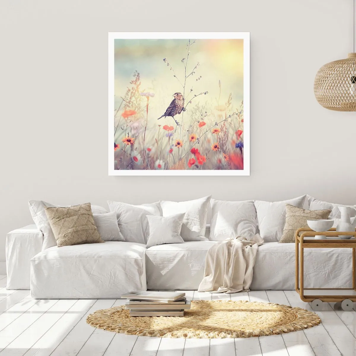 Poster - Vogelportret met een weiland op de achtergrond - 60x60 cm