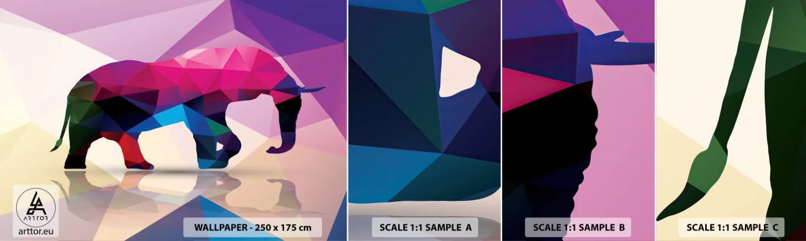 Fotobehang Monster Zelfklevend Deluxe Sticker - Kristallen dinosaurus - Dieren, Olifant, Geometrische figuur - 100x30 cm