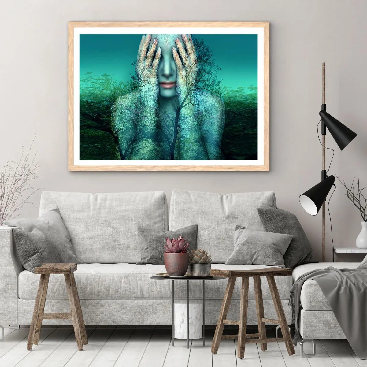 Een poster in een licht eiken lijst - Ondergedompeld in blauw - 100x70 cm