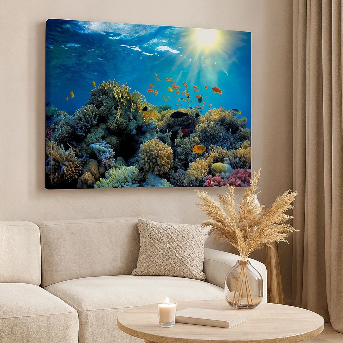 Schilderen op canvas - Koraalrif met vissen in de zonnestralen onder water - 70x50cm - Onderwater schatten - Moderne wanddecoratie voor woonkamer en slaapkamer ARTTOR