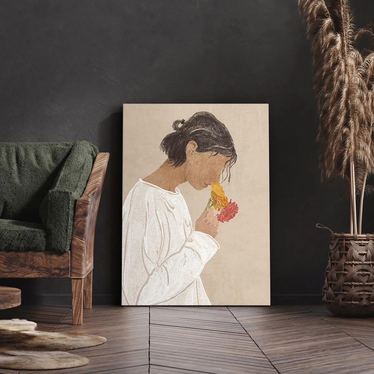 Schilderen op canvas - Meisje en bloemen - 65x120 cm