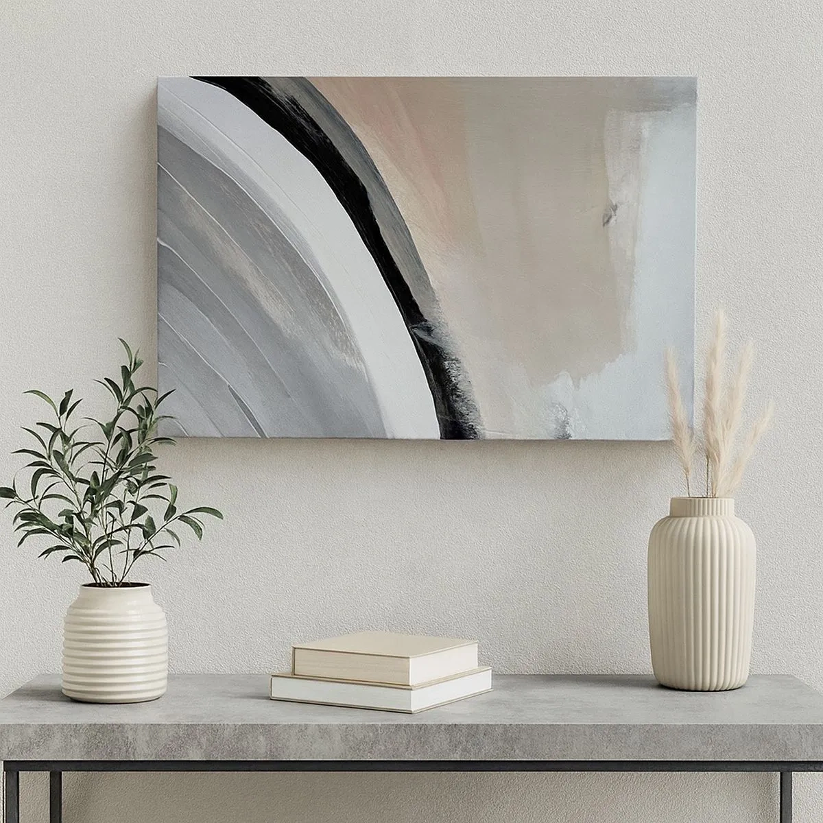 Schilderen op canvas - Abstracte boog in tinten zwart, grijs en beige - 70x50cm - Compositie: boog van zwart en grijs - Moderne wanddecoratie voor woonkamer en slaapkamer ARTTOR
