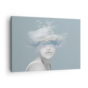 Schilderen op canvas - Portret van een vrouw met haar gezicht verborgen achter wolken en golven - 70x50cm - Met hoofd in de wolken - Moderne wanddecoratie voor woonkamer en slaapkamer ARTTOR