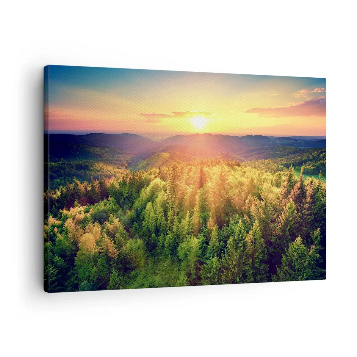 Schilderen op canvas - Boslandschap met zonsondergang over de heuvels - 70x50cm - Hoekpunten en topjes - Moderne wanddecoratie voor woonkamer en slaapkamer ARTTOR