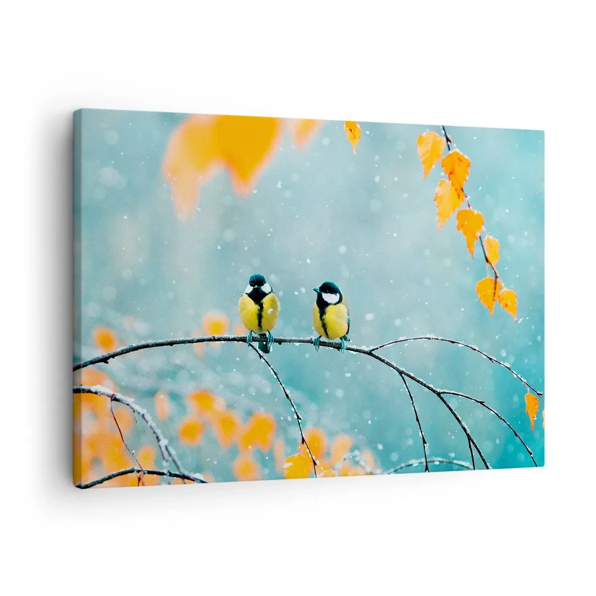 Schilderen op canvas - Twee vogels op een tak in een winterse omgeving met gele bladeren. - 70x50cm - Vogelroddel - Moderne wanddecoratie voor woonkamer en slaapkamer ARTTOR