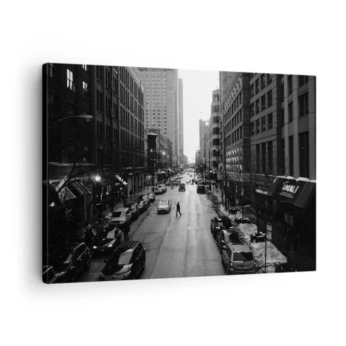 Schilderen op canvas - Een zwart-witte straat midden in de stad met auto's en voetgangers - 70x50cm - Een andere dag zoals elke andere dag - Moderne wanddecoratie voor woonkamer en slaapkamer ARTTOR