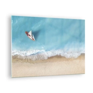 Schilderen op glas - Een zeilboot op de azuurblauwe zee bij een zandstrand - 70x50cm - Op de grens van blauw en goud - Moderne wanddecoratie voor woonkamer en slaapkamer ARTTOR