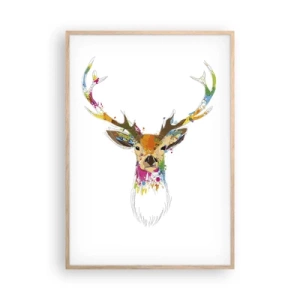 Een poster in een licht eiken lijst - Een zacht hert badend in kleur - 70x100 cm