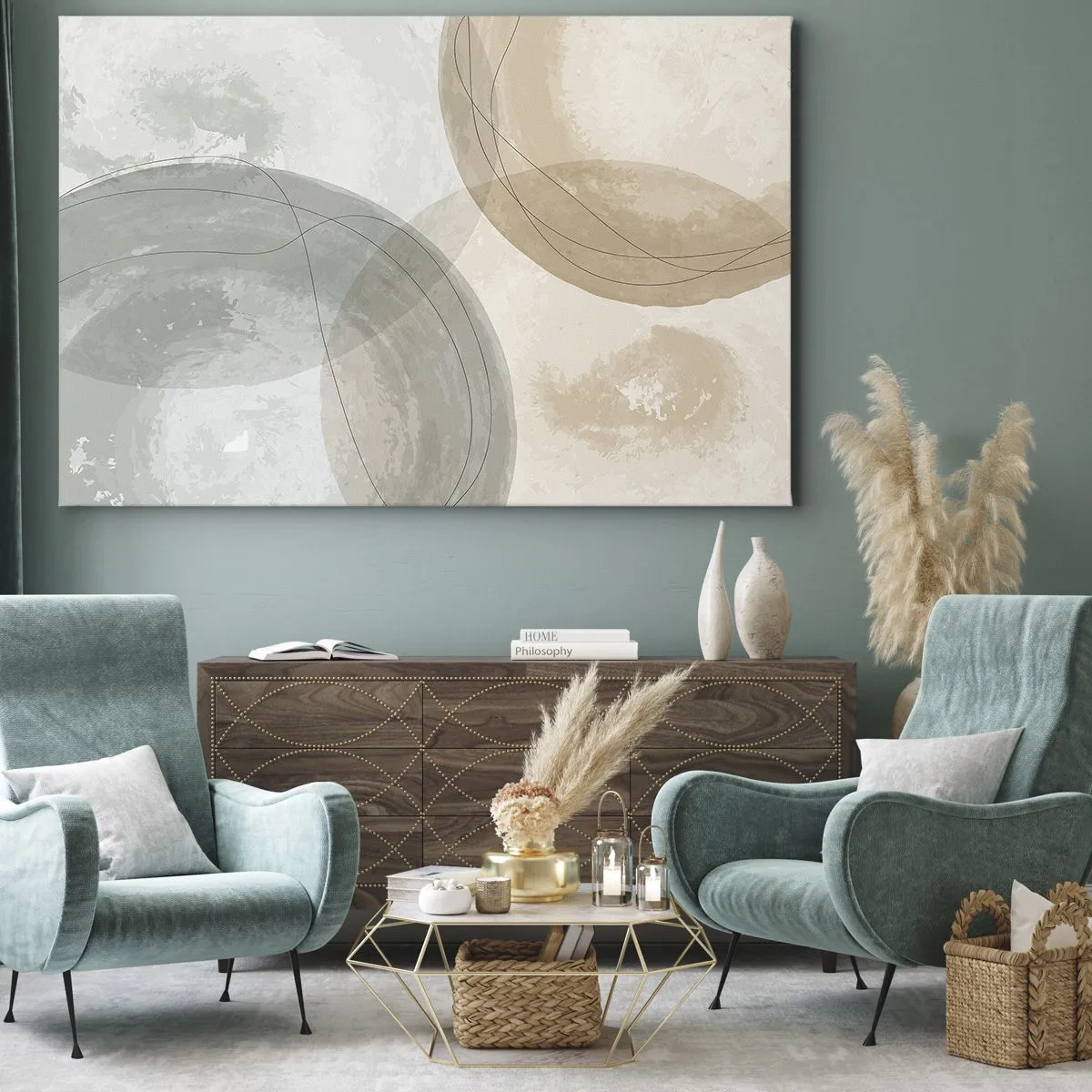 Schilderen op canvas - Abstracte compositie in pastelkleuren met lijnen - 70x50cm - Indringende werelden - Moderne wanddecoratie voor woonkamer en slaapkamer ARTTOR