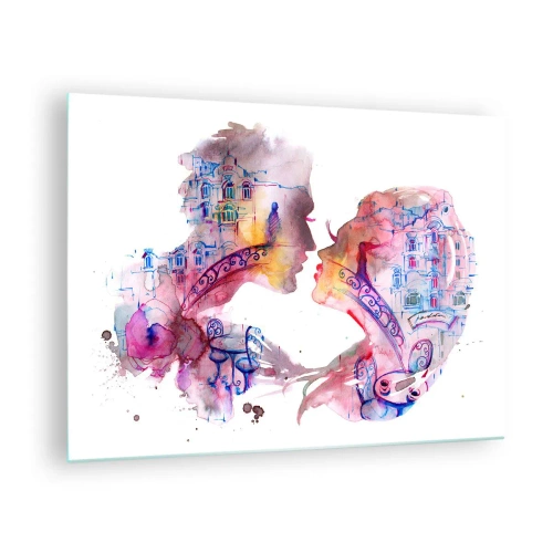 Schilderen op glas - Illustratie van een abstract portret van twee mensen in de vorm van een hart - 70x50cm - De geheime brug van zuchten - Moderne wanddecoratie voor woonkamer en slaapkamer ARTTOR