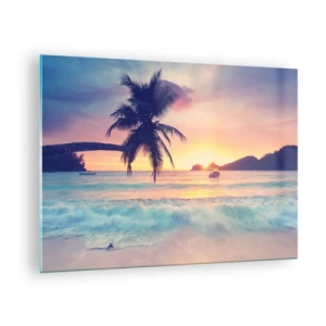 Schilderen op glas - Palmbomenstrand bij zonsondergang met een boot aan de horizon - 70x50cm - Een avond aan de baai - Moderne wanddecoratie voor woonkamer en slaapkamer ARTTOR