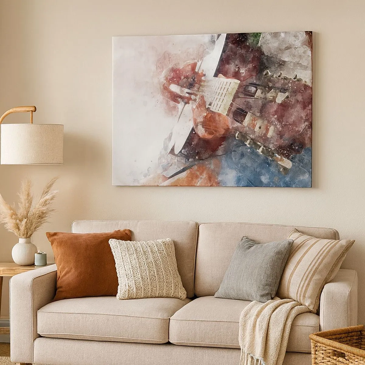 Schilderen op canvas - Een artistieke kijk op een gitaar in aquarelstijl - 70x50cm - En wat vind je ervan? - Moderne wanddecoratie voor woonkamer en slaapkamer ARTTOR