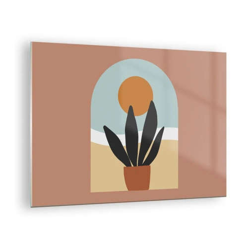 Schilderen op glas - Een abstract tafereel met een potplant en de zon op de achtergrond, in pastelkleuren. - 70x50cm - Kleine geneugten - Moderne wanddecoratie voor woonkamer en slaapkamer ARTTOR