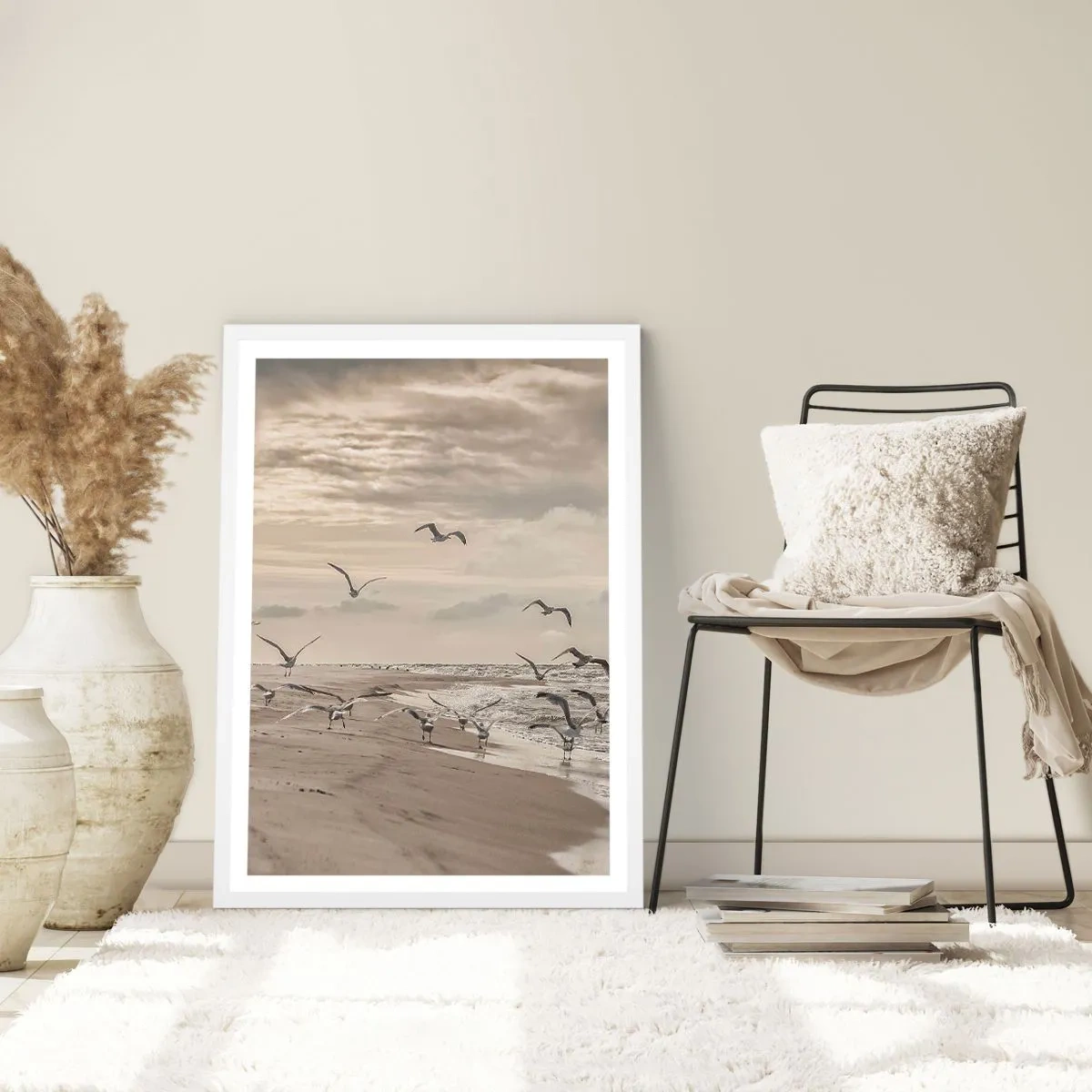 Poster in een witte lijst - Het geluid van de zee, het zingen van vogels - 61x91 cm