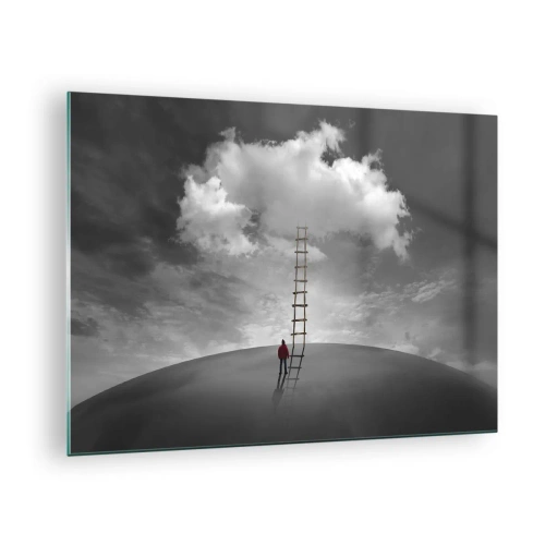 Schilderen op glas - Een persoon kijkt naar een ladder die naar een wolk leidt. - 70x50cm - Alles is mogelijk - Moderne wanddecoratie voor woonkamer en slaapkamer ARTTOR