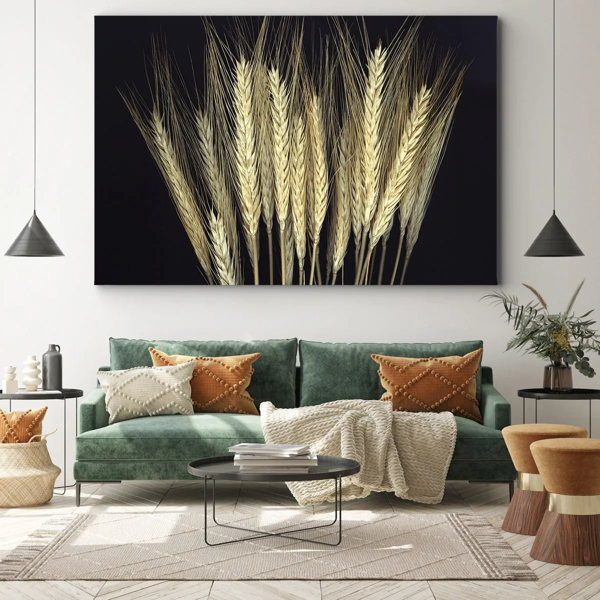 Schilderen op canvas - Korenaren op een zwarte achtergrond in een rustieke stijl - 70x50cm - Rustieke magie - Moderne wanddecoratie voor woonkamer en slaapkamer ARTTOR