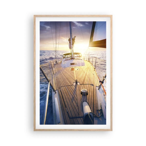 Een poster in een licht eiken lijst - Lopend op de golven - 61x91 cm