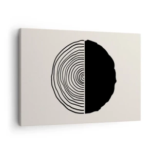 Schilderen op canvas - Een abstract zwart-wit motief geïnspireerd op een dwarsdoorsnede van hout met een geometrische verdeling. - 70x50cm - Half om half - Moderne wanddecoratie voor woonkamer en slaapkamer ARTTOR