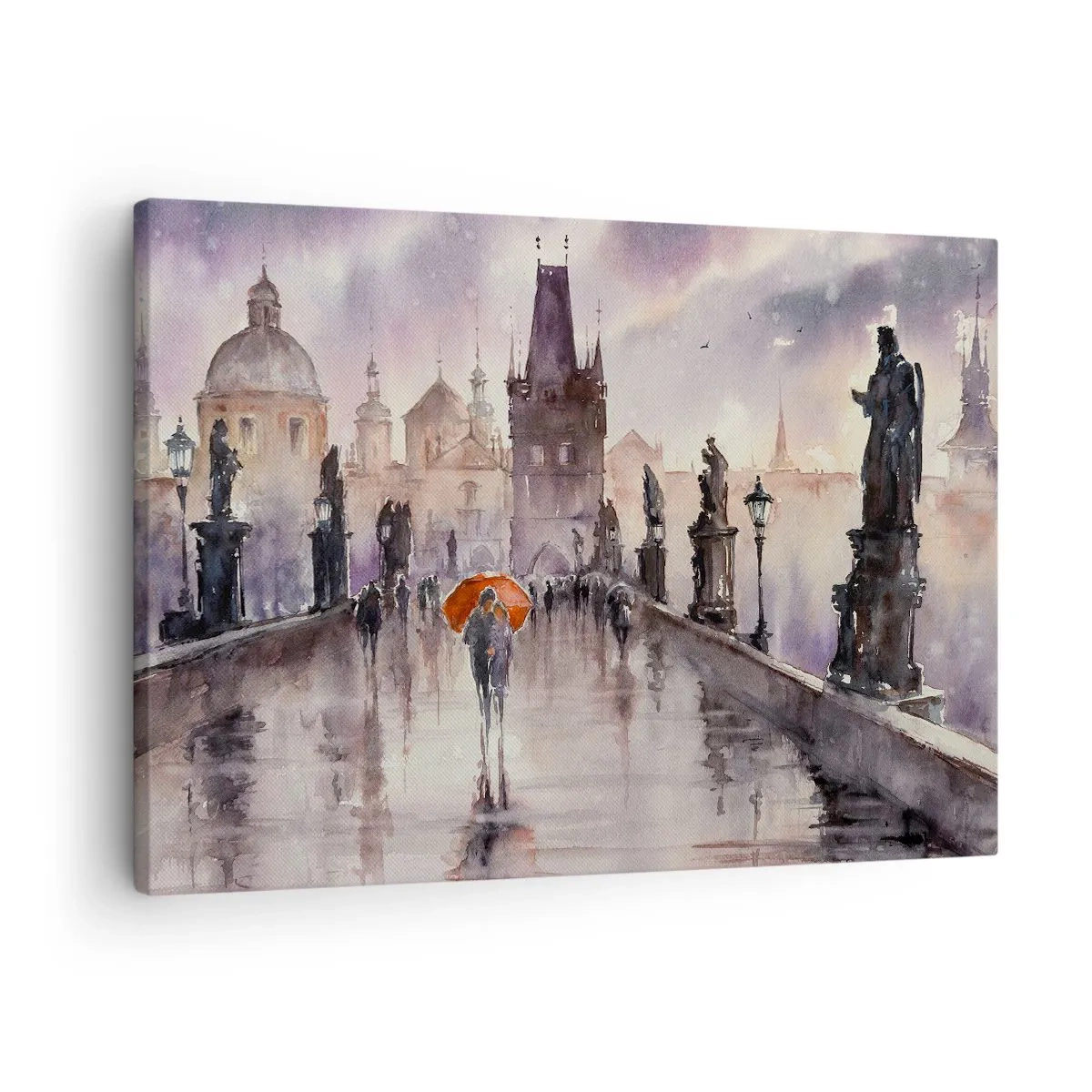 Schilderen op canvas - Romantisch uitzicht op een brug met een paraplu tegen de achtergrond van een avondstad - 70x50cm - Mensen veranderen niet - Moderne wanddecoratie voor woonkamer en slaapkamer ARTTOR