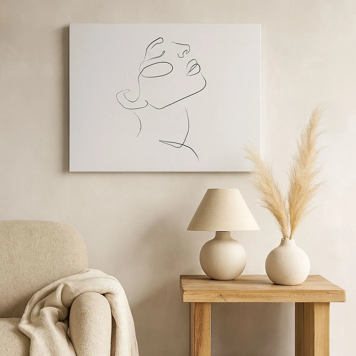 Schilderen op canvas - Een minimalistische schets van het gezicht van een vrouw, en profil. - 70x50cm - De wendingen van dromen - Moderne wanddecoratie voor woonkamer en slaapkamer ARTTOR