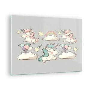 Schilderen op glas - Schattige eenhoorns in de wolken met een regenboog en ballonnen - 70x50cm - Ze bestaan 