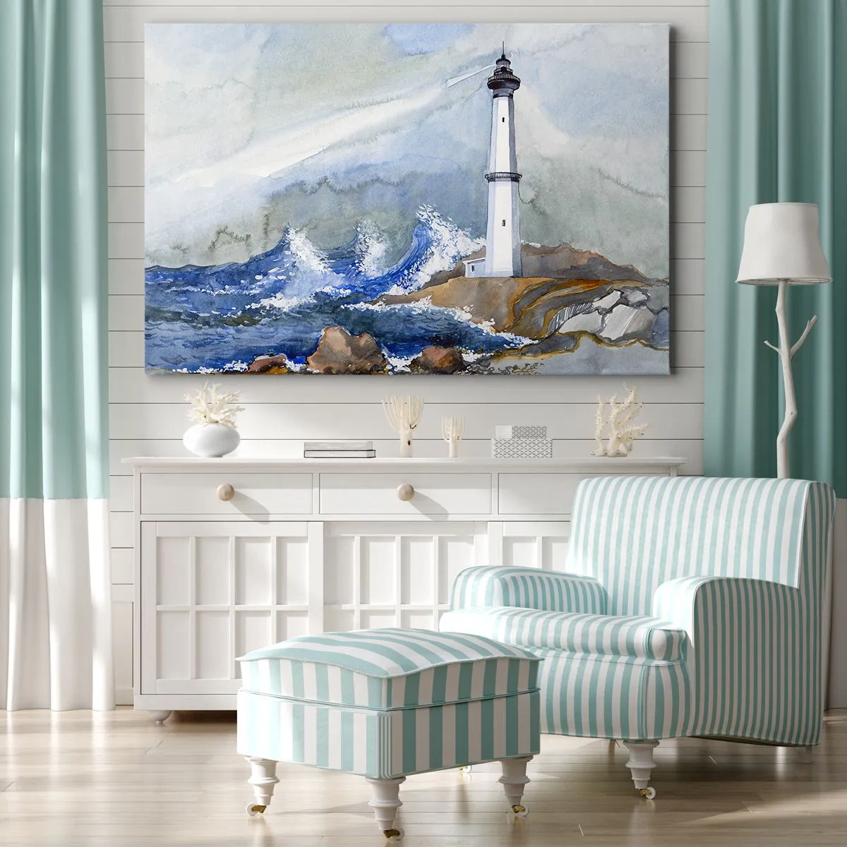 Schilderen op canvas - Een vuurtoren op een rotsachtige kust met een ruwe zee - 70x50cm - Tegen de duisternis en de storm - Moderne wanddecoratie voor woonkamer en slaapkamer ARTTOR