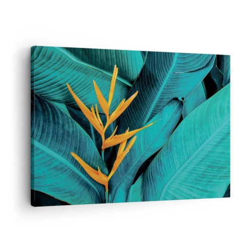 Schilderen op canvas - Een exotische bloem tegen een achtergrond van bananenbladeren in turquoise tinten. - 70x50cm - Eden bloem - Moderne wanddecoratie voor woonkamer en slaapkamer ARTTOR