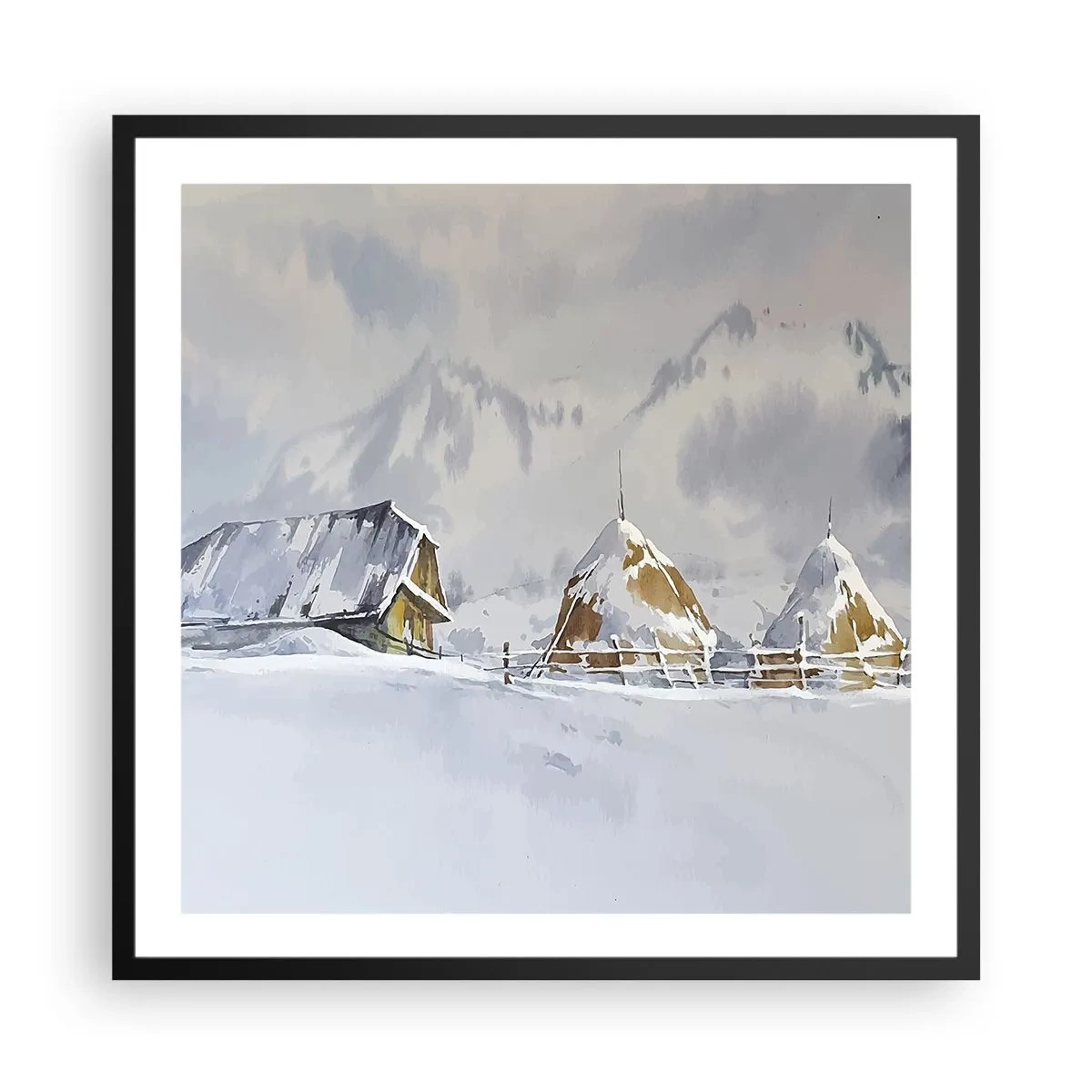 Poster in een zwarte lijst - In een besneeuwde vallei - 60x60 cm