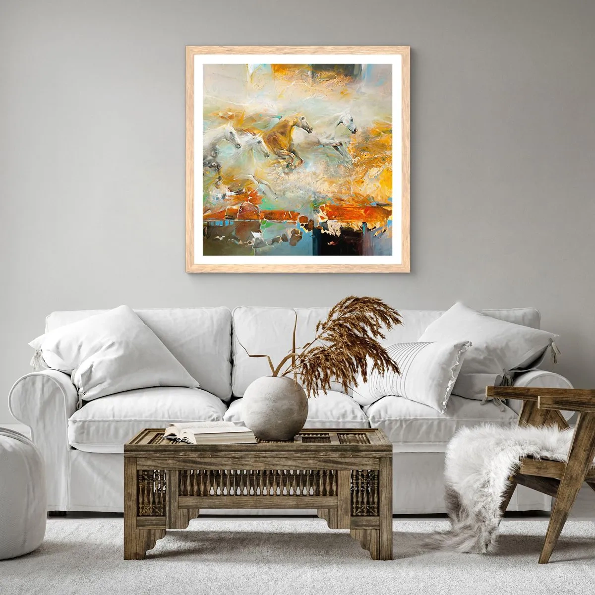 Een poster in een licht eiken lijst - Galopperen door het licht - 30x30 cm