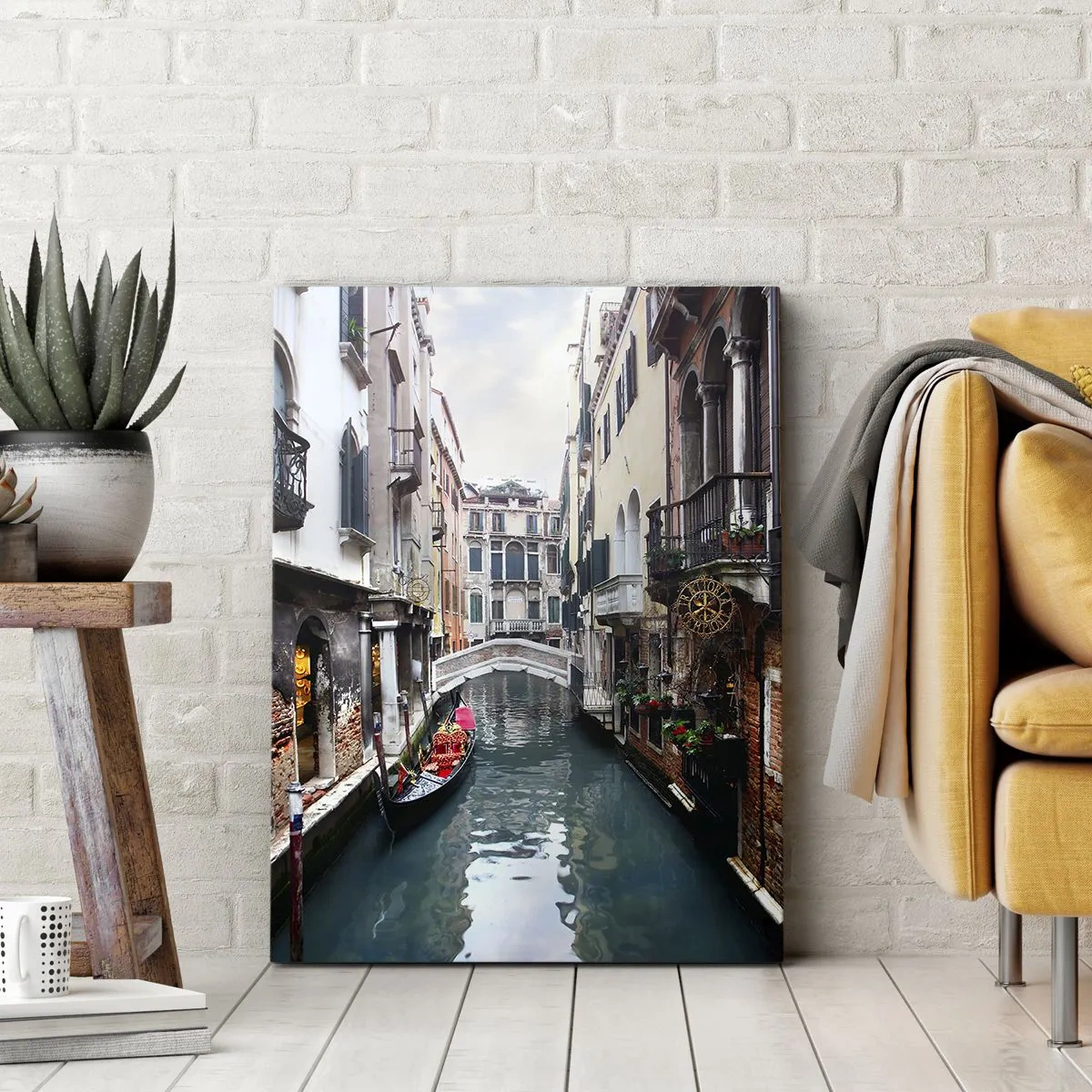 Schilderen op canvas - Venetiaans landschap met een gondel en een brug - 55x100 cm