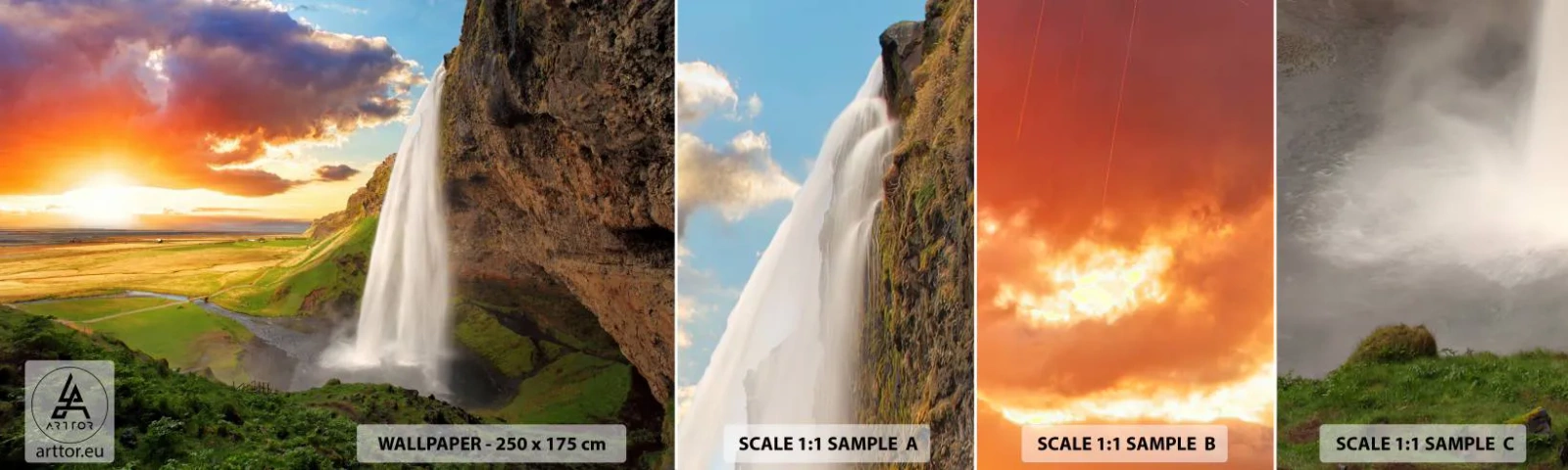 Fotobehang Monster Zelfklevend Deluxe Sticker - De volheid van de IJslandse zomer - Landschap, Waterval, IJsland - 100x30 cm