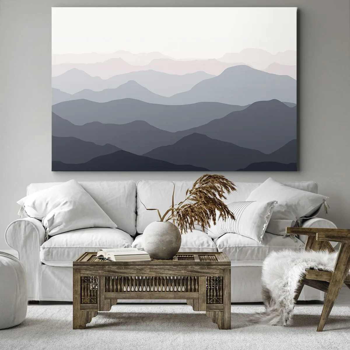 Schilderen op canvas - Subtiele berglagen in tinten grijs en blauw - 70x50cm - Golven van de bergen - Moderne wanddecoratie voor woonkamer en slaapkamer ARTTOR