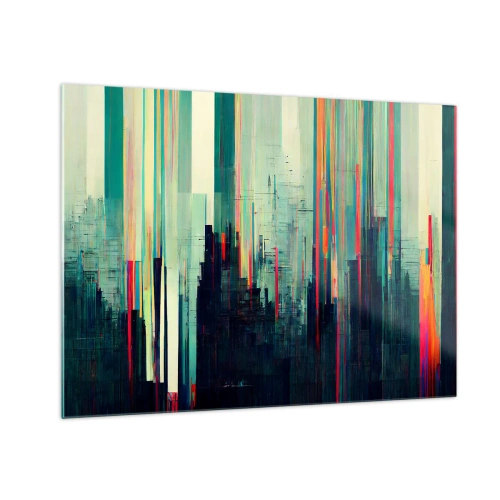 Schilderen op glas - Verticale, gekleurde lijnen vormen de omtrek van een futuristische metropool. - 70x50cm - Futuristische stad - Moderne wanddecoratie voor woonkamer en slaapkamer ARTTOR