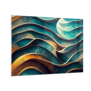 Schilderen op glas - Dynamische lijnen in blauw en koper creëren golven - 70x50cm - Meanders van blauw - Moderne wanddecoratie voor woonkamer en slaapkamer ARTTOR