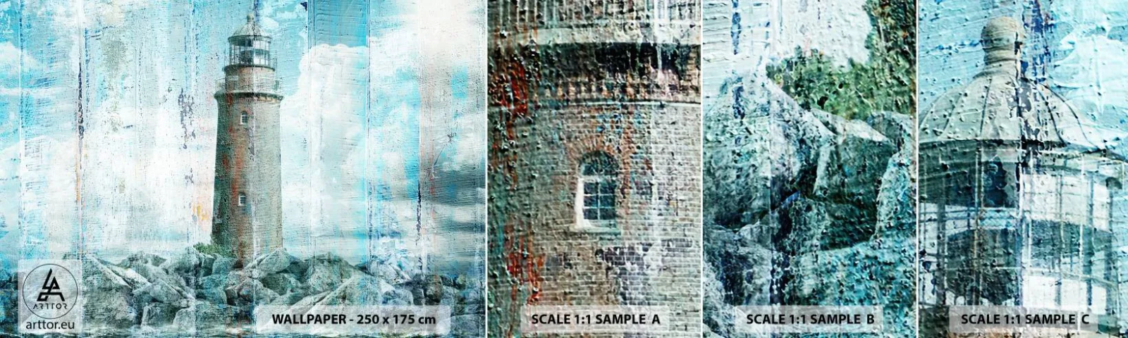 Fotobehang Staaltje Standard Eco - Op oud hout - Abstractie, Vuurtoren, Zee - 100x30 cm