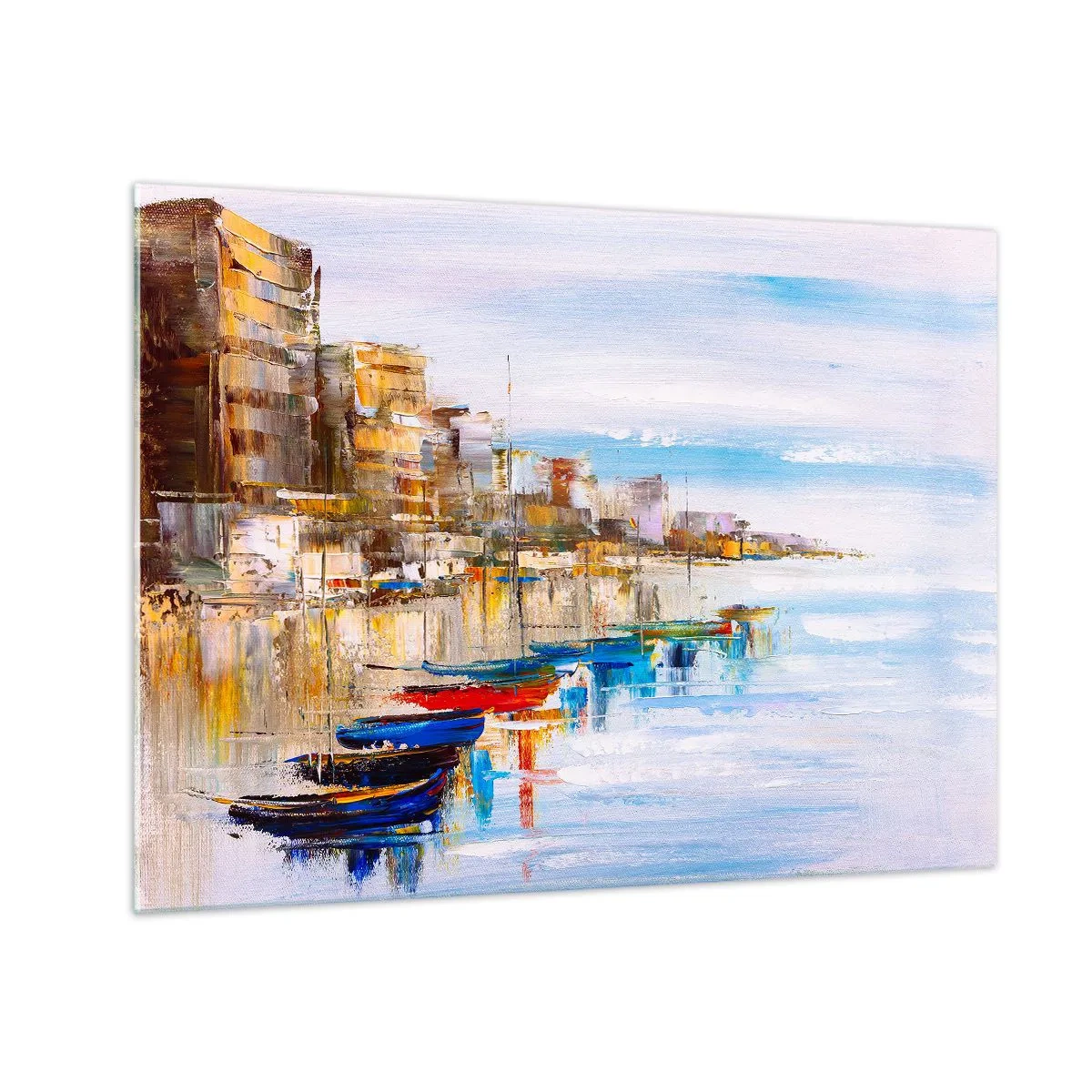 Schilderen op glas - Kleurrijke boten aangemeerd aan de stadskade - 70x50cm - Een veelkleurig stedelijk toevluchtsoord - Moderne wanddecoratie voor woonkamer en slaapkamer ARTTOR