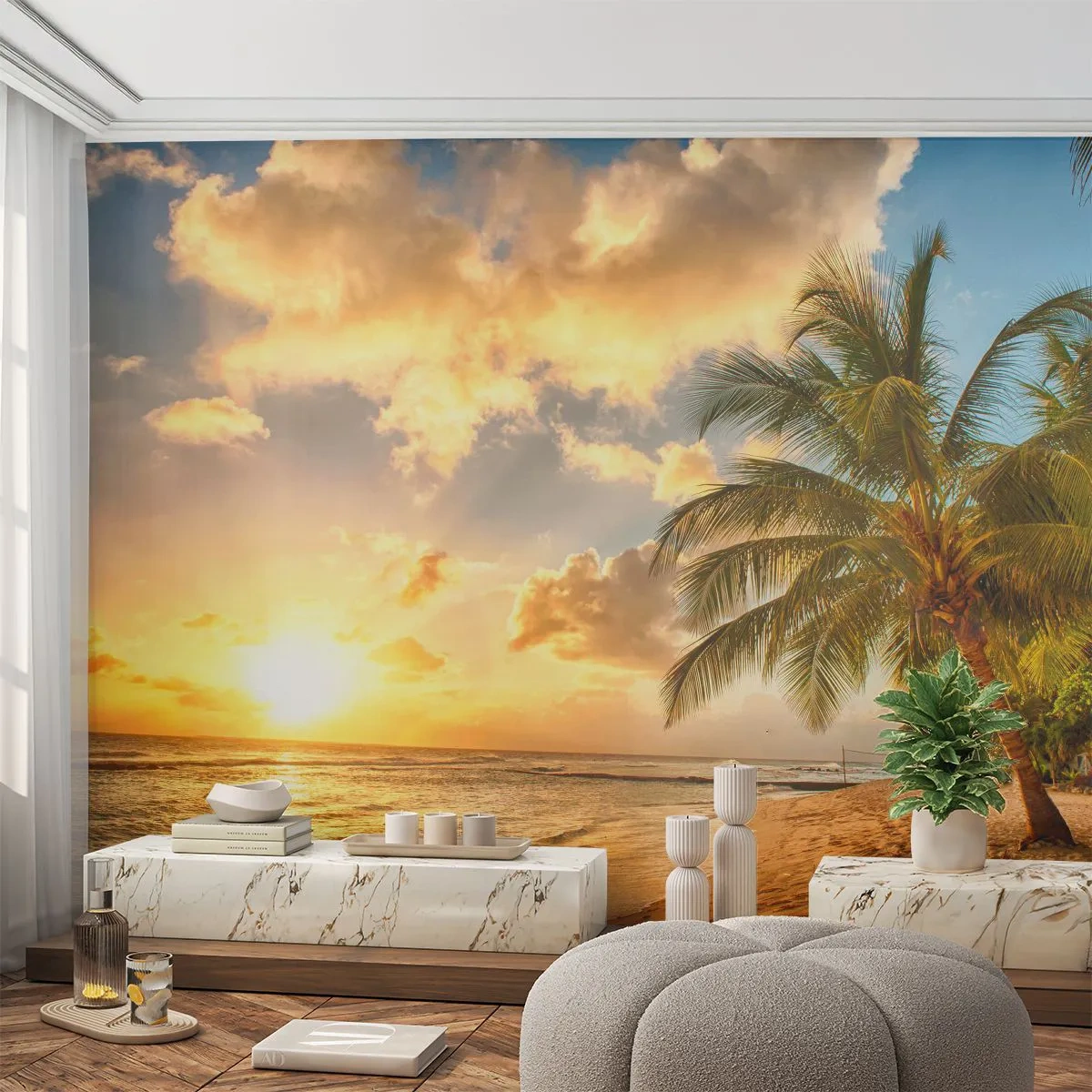 Fotobehang Premium Canvas - Eeuwige zomer, altijd vakantie - Landschap, Strand, Kokospalm - 350x256 cm