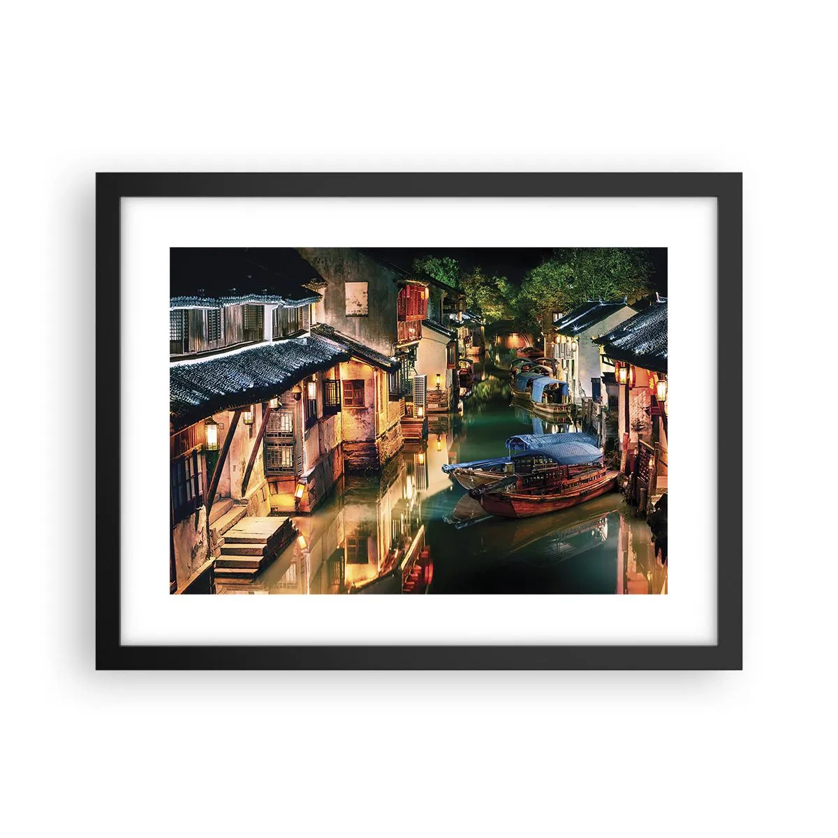 Poster in een zwarte lijst - Een avond op een Chinese straat - 40x30 cm
