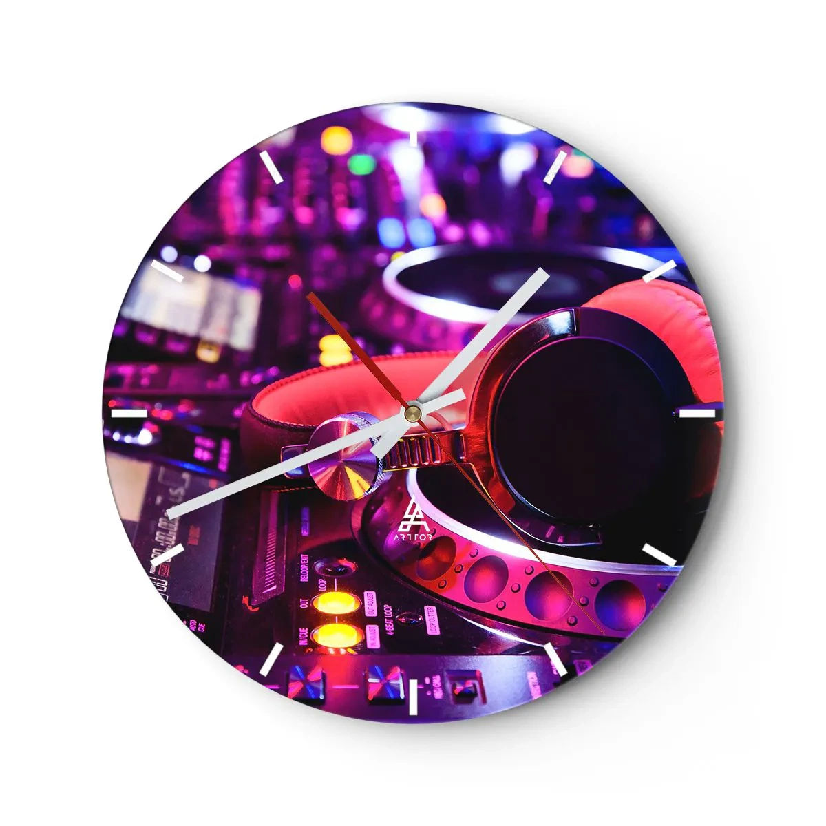 Wandklok - Klok - DJ-koptelefoon op een console met neonverlichting - 30x30cm - Voordat het plezier begint - Moderne wanddecoratie voor woonkamer, keuken en slaapkamer ARTTOR