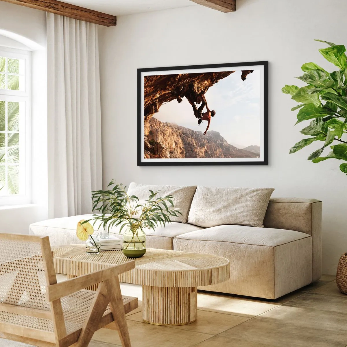 Poster in een zwarte lijst - De wereld gekrompen in een hand op een rotsblok - 50x40 cm