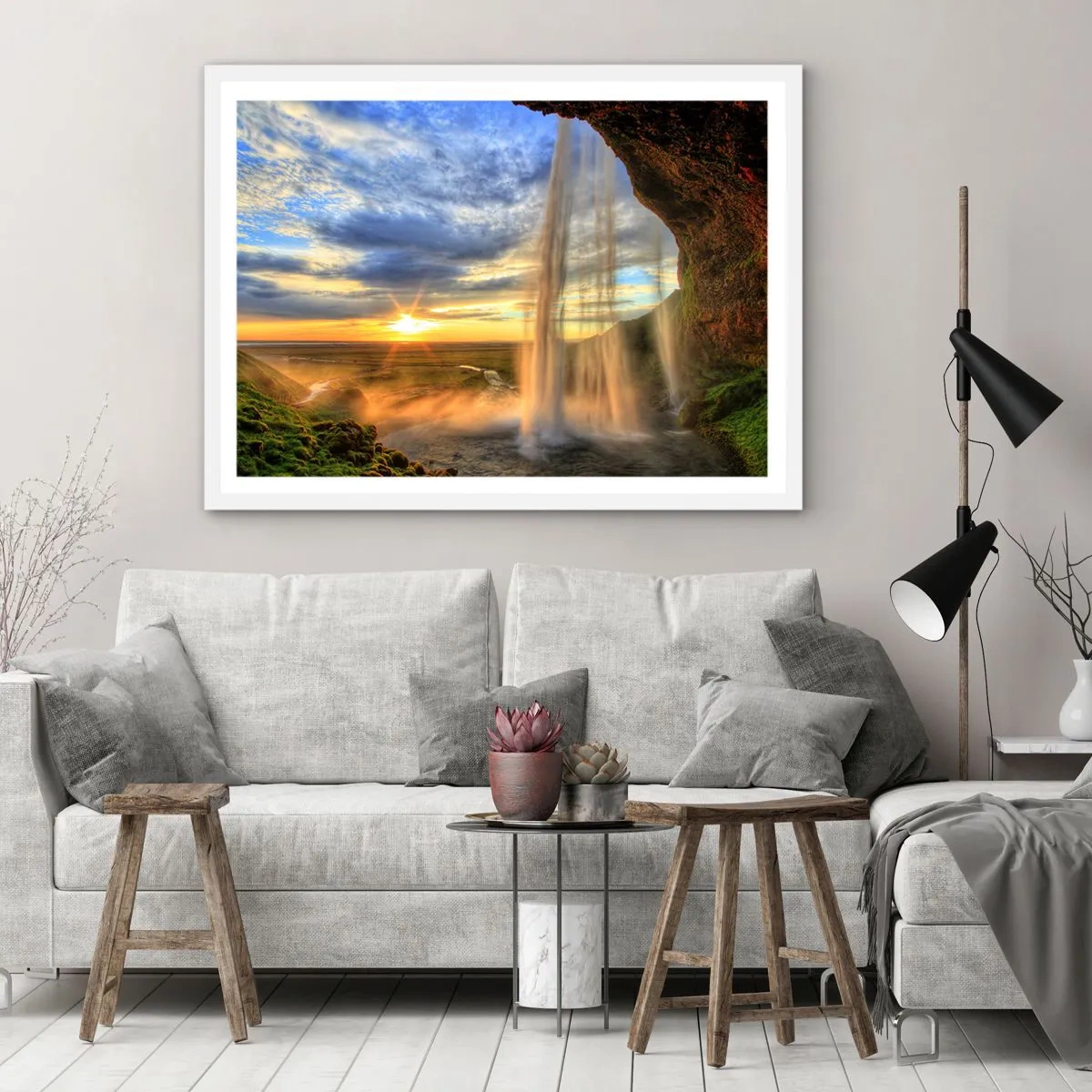 Poster in een witte lijst - De wereld achter een sluier van druppels - 100x70 cm