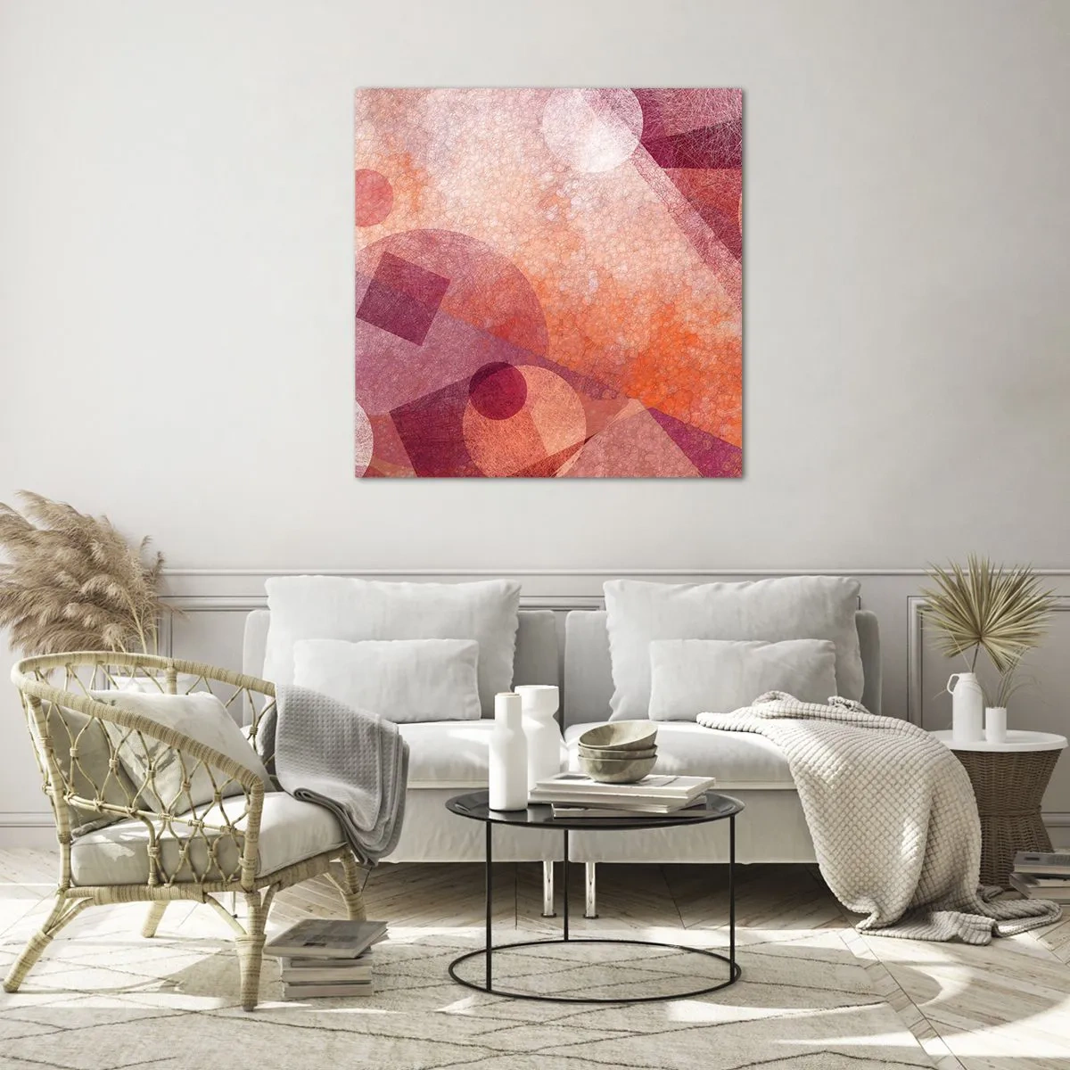 Schilderen op glas - Geometrische transformaties in roze - 70x70 cm