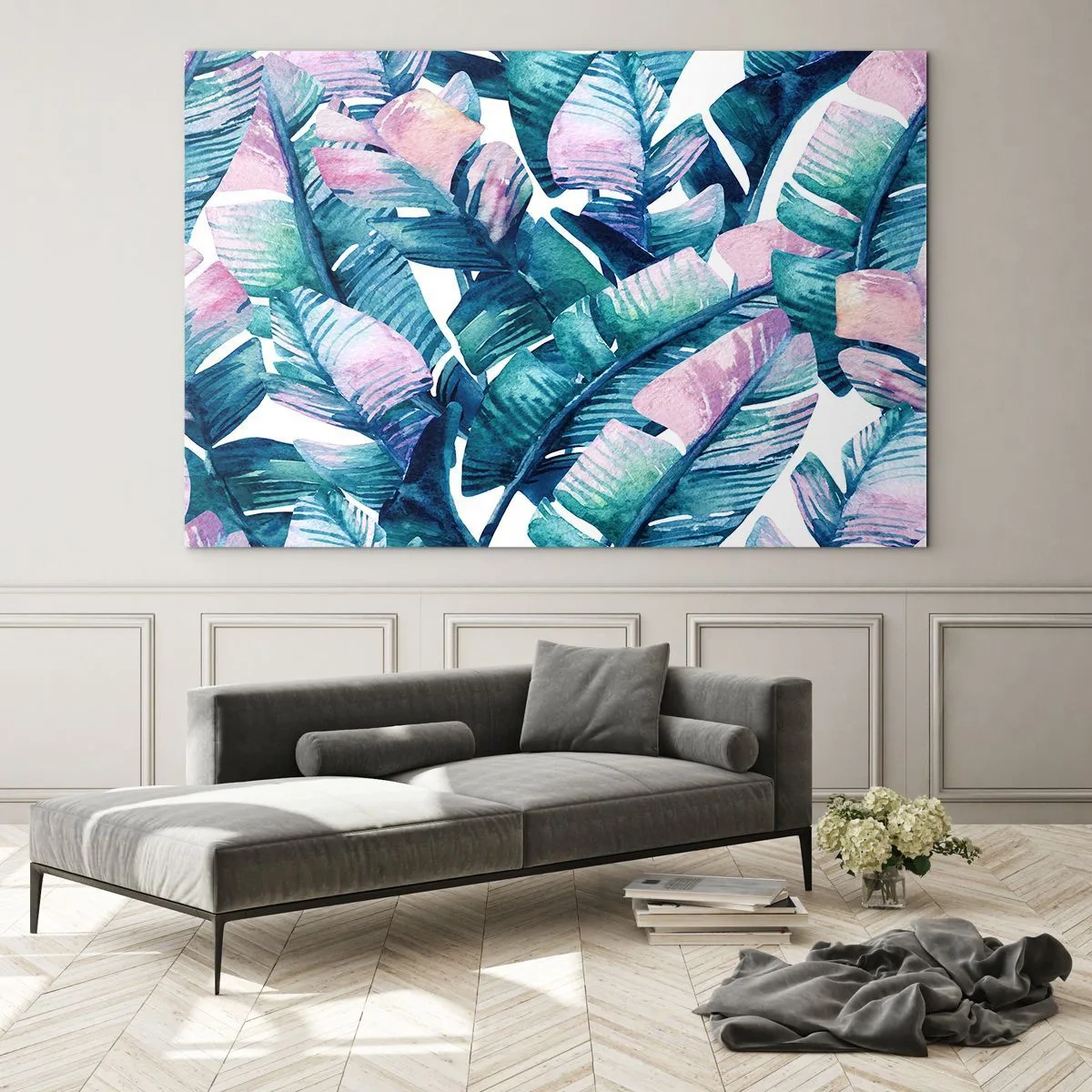 Schilderen op glas - Bananenbladeren in pasteltinten op een witte achtergrond - 70x50cm - In een bananenboomgaard - Moderne wanddecoratie voor woonkamer en slaapkamer ARTTOR