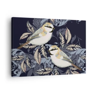 Schilderen op canvas - Vogels op takken op een decoratieve achtergrond - 70x50cm - Geel-blauwe triller - Moderne wanddecoratie voor woonkamer en slaapkamer ARTTOR
