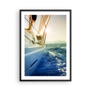 Poster in een zwarte lijst - Een jacht dat door een kalme zee vaart in het warme licht van de zon - 50x70cm - Voor het avontuur - Moderne wanddecoratie voor woonkamer en slaapkamer ARTTOR